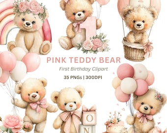 Oso de primer cumpleaños PNG, 35 imágenes prediseñadas de osito de peluche rosa en acuarela para fiesta de bebé niña