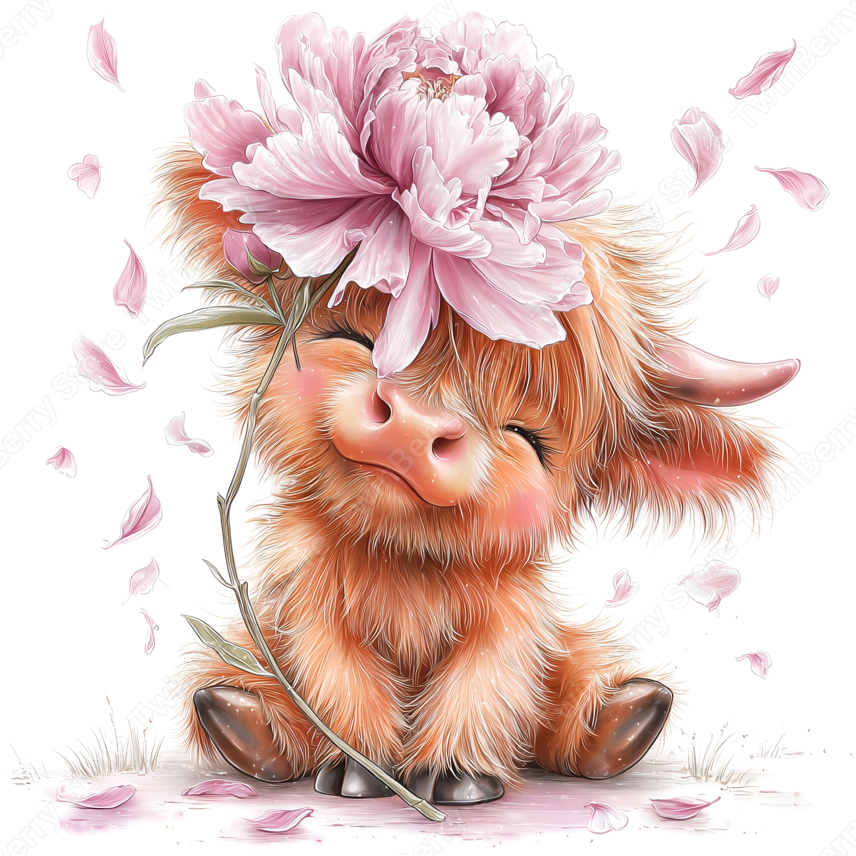 Highland Cow JPG, 24 Watercolor Floral Baby Cow Clipart With Pink ...