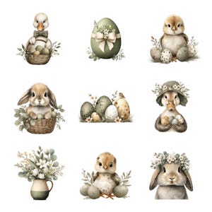 May include: Watercolor illustrations of Easter-themed elements. The image features a duckling in a basket, a decorated egg, a chick, a bunny in a basket, a group of speckled eggs, a bunny wearing a hat, a vase of flowers, a chick with eggs, and a bunny with a floral crown.