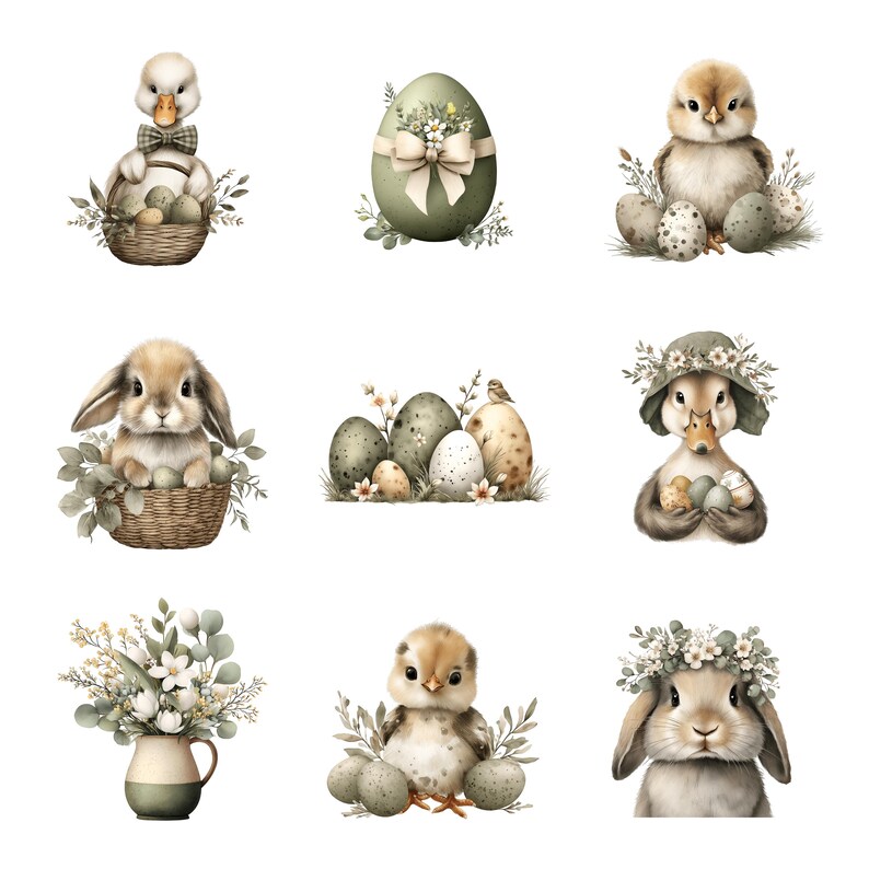 May include: Watercolor illustrations of Easter-themed elements. The image features a duckling in a basket, a decorated egg, a chick, a bunny in a basket, a group of speckled eggs, a bunny wearing a hat, a vase of flowers, a chick with eggs, and a bunny with a floral crown.