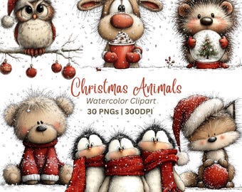 30 imágenes prediseñadas de animales del bosque navideño (PNG), paquete de gráficos de animales festivos