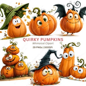 May include: A collection of whimsical, cartoon-style pumpkins in various shapes and sizes. Some pumpkins wear hats or have bat wings. The image includes the text "Quirky Pumpkins" and "Whimsical Clipart".