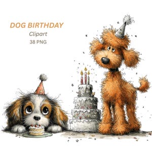 Puede incluir: Ilustración de dos perros de dibujos animados celebrando un cumpleaños. Uno es marrón y está de pie, el otro es un Cavalier King Charles Spaniel. Una tarta de varios pisos con velas encendidas está entre ellos. El texto dice "DOG BIRTHDAY Clipart 38 PNG".