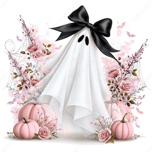 May include: A white ghost figure adorned with a large black bow, surrounded by light pink pumpkins, dusty rose flowers, and delicate spider webs. The composition includes small flying bat silhouettes and soft pink floral accents throughout the scene.