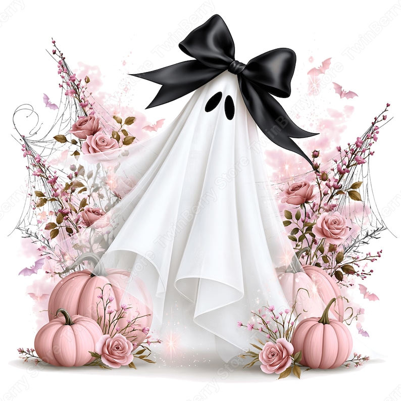 May include: A white ghost figure adorned with a large black bow, surrounded by light pink pumpkins, dusty rose flowers, and delicate spider webs. The composition includes small flying bat silhouettes and soft pink floral accents throughout the scene.