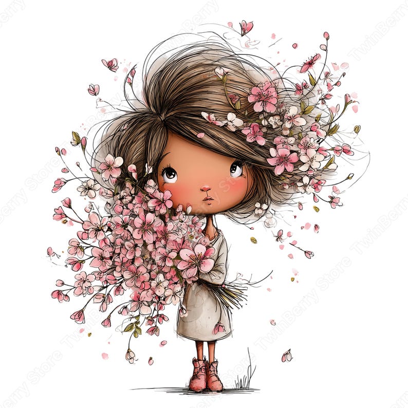 Vår Clipart PNG, 30 nyckfull flicka med blommor grafikpaket bild 15