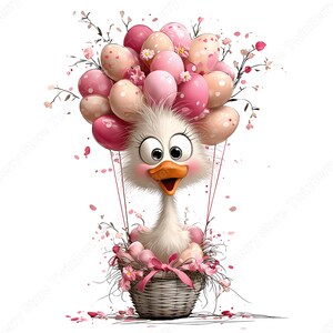 May include: A whimsical illustration of a cartoon duckling in a basket, floating with pink and peach-colored egg-shaped balloons. The basket is adorned with pink flowers and a bow, creating a festive Easter theme.