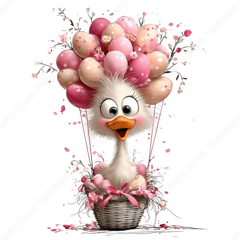 May include: A whimsical illustration of a cartoon duckling in a basket, floating with pink and peach-colored egg-shaped balloons. The basket is adorned with pink flowers and a bow, creating a festive Easter theme.