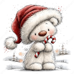 Puede incluir: Un oso de peluche blanco y esponjoso que lleva un gran gorro de Pap&aacute; Noel rojo con un pomp&oacute;n blanco. El oso tiene una nariz marr&oacute;n, mejillas sonrosadas y sostiene un bast&oacute;n de caramelo a rayas rojas y blancas. Ilustraci&oacute;n de un paisaje nevado con pinos.