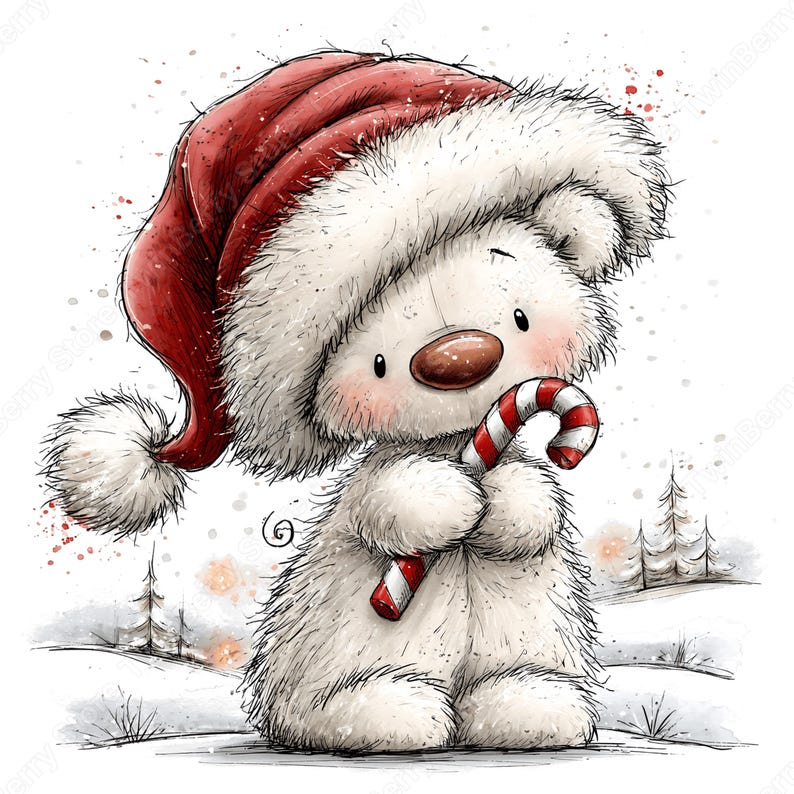 Puede incluir: Un oso de peluche blanco y esponjoso que lleva un gran gorro de Pap&aacute; Noel rojo con un pomp&oacute;n blanco. El oso tiene una nariz marr&oacute;n, mejillas sonrosadas y sostiene un bast&oacute;n de caramelo a rayas rojas y blancas. Ilustraci&oacute;n de un paisaje nevado con pinos.