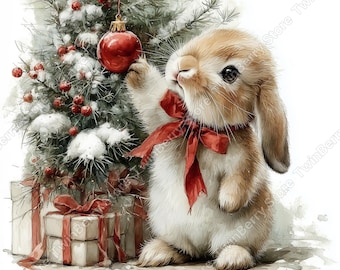 15 imágenes prediseñadas de conejitos navideños en formato JPG, gorro de Papá Noel en acuarela, paquete de arte infantil, descarga digital