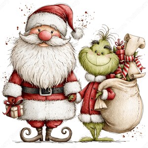Op de afbeelding: Een digitale illustratie van de Kerstman met een witte baard en rood pak die een klein cadeau vasthoudt, naast een groen, harig wezen in een rode jas die een grote beige zak vol ingepakte cadeautjes en een perkamentrol vasthoudt op een witte achtergrond.