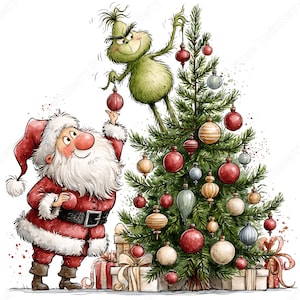 Op de afbeelding: Een illustratie in aquarel-stijl met een groen, harig wezen en de Kerstman die een kerstboom versieren. De boom is versierd met rode, gouden en blauwe kerstballen, met verschillende ingepakte cadeautjes aan de voet van de boom.