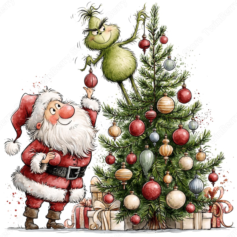 Op de afbeelding: Een illustratie in aquarel-stijl met een groen, harig wezen en de Kerstman die een kerstboom versieren. De boom is versierd met rode, gouden en blauwe kerstballen, met verschillende ingepakte cadeautjes aan de voet van de boom.