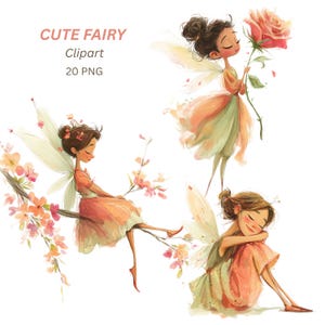May include: A watercolour clipart set of three fairies with peach, orange, and green dresses and delicate wings. One fairy holds a rose, another sits on a branch, and the third is curled up. The text "CUTE FAIRY Clipart 20 PNG" is at the top.
