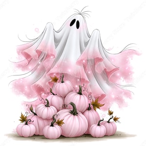 May include: A white ghost with a pink-tinted hem floats above a large pile of round, light pink pumpkins. The ghost has two black oval eyes and a few wisps of hair on top. The pumpkins feature dark green stems and small brown autumn leaves.