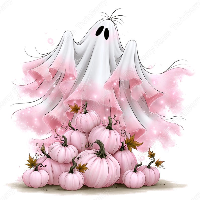 May include: A white ghost with a pink-tinted hem floats above a large pile of round, light pink pumpkins. The ghost has two black oval eyes and a few wisps of hair on top. The pumpkins feature dark green stems and small brown autumn leaves.