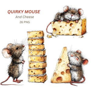 May include: Watercolor illustration featuring a collection of adorable mice and cheese. The image includes a mouse resting on a cheese block, a mouse hugging a cheese wedge, and a mouse looking at a stack of cheese. Text reads "Quirky Mouse And Cheese 26 PNG."