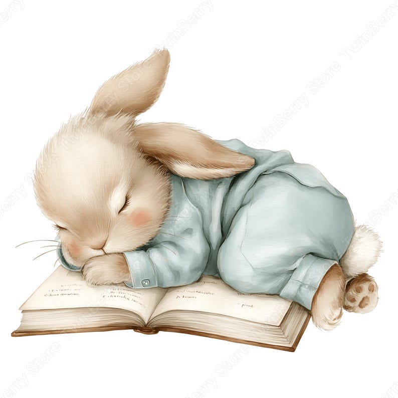 May include: A watercolour illustration of a sleeping bunny in a light blue outfit, resting on an open book. The bunny has closed eyes, pink cheeks, and a fluffy, light brown coat. The book has beige pages and a brown cover.