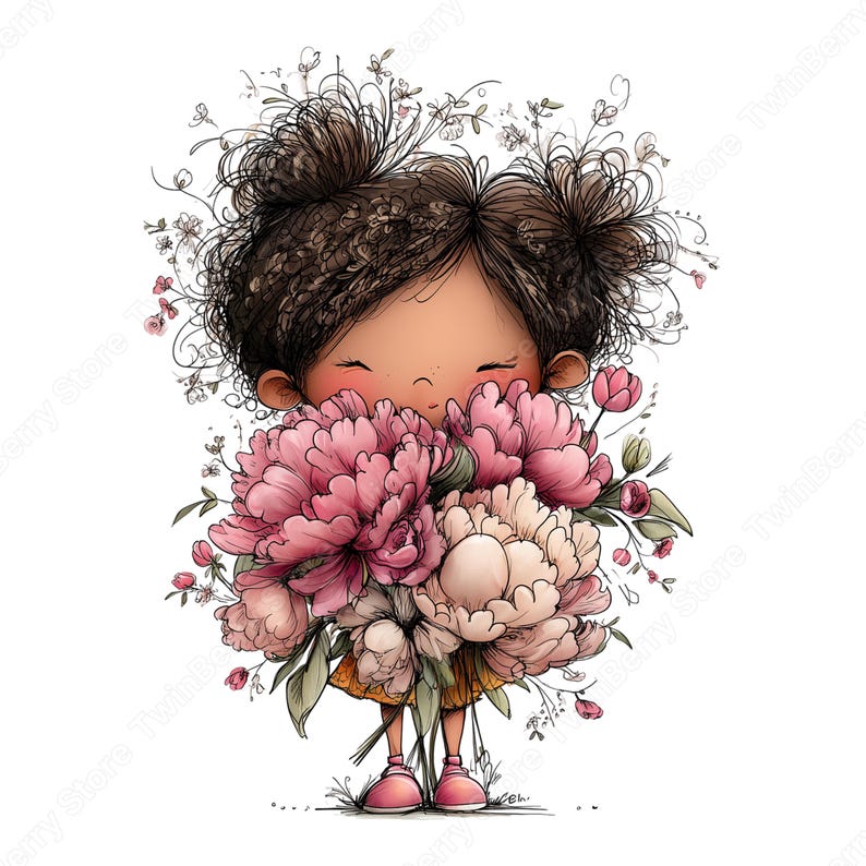 Vår Clipart PNG, 30 nyckfull flicka med blommor grafikpaket bild 7