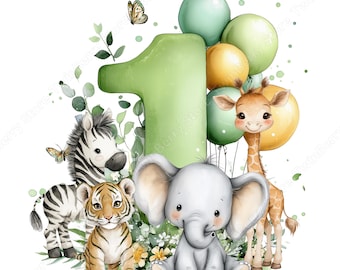 Eerste verjaardag, png, 12 safaridieren met nummer één clipartbundel