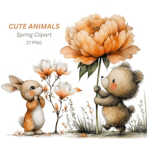 Könnte beinhalten: Aquarellillustration mit einem Hasen und einem Teddybären mit einer großen orangefarbenen Blume und einem kleinen Baum mit weißen und orangefarbenen Blüten. Der Text "CUTE ANIMALS Spring Clipart 27 PNG" steht oben.