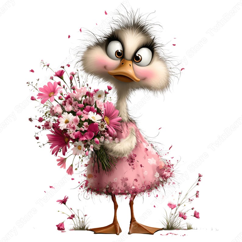 May include: A whimsical illustration of a cartoon goose holding a bouquet of pink and white flowers. The goose wears a pink dress with a floral pattern. The goose has large eyes, rosy cheeks, and a fluffy appearance. Scattered pink flower petals surround the goose.