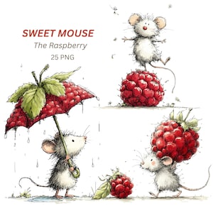 Sweet Mouse PNG, 25 Watercolor Mice with Fruits Cheese Umbrellas for Greeting Cards