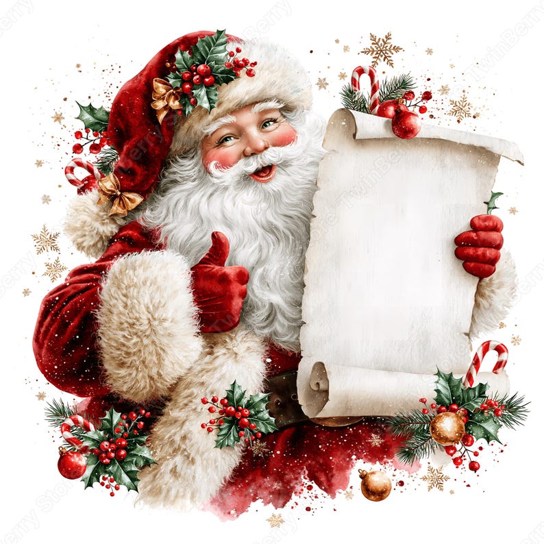 May include: Santa Claus wearing a red fur-trimmed hat and coat, giving a thumbs up while holding a large, blank, off-white scroll. The illustration features holly berries, green pine needles, gold ornaments, candy canes, and gold snowflakes.