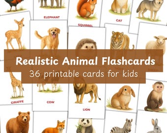 36 Printable Animal Flashcards for Toddlers - Farm, Zoo & Forest Animals - Montessori Learning - Digital Download - A4 PDF