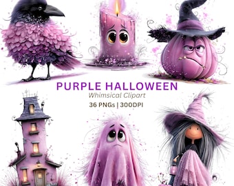 Purple Halloween Clipart PNG, 36 Pastel Spooky Witches Ghosts and Pumpkins for Shirts Mugs and Decor