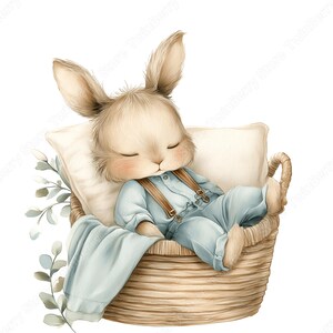 May include: A charming watercolour illustration of a sleeping bunny in a wicker basket. The bunny is dressed in a blue outfit with braces and rests on a pillow and blanket. The basket is surrounded by leafy sprigs, creating a soft, whimsical scene.