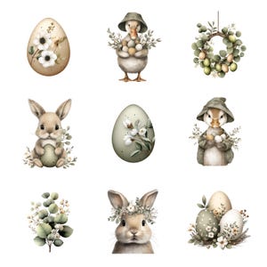 May include: Watercolor illustrations of Easter-themed elements. The image features decorated Easter eggs, a duckling wearing a hat, a bunny, and a wreath. The color palette includes soft greens, beige, and white, creating a whimsical and festive atmosphere.
