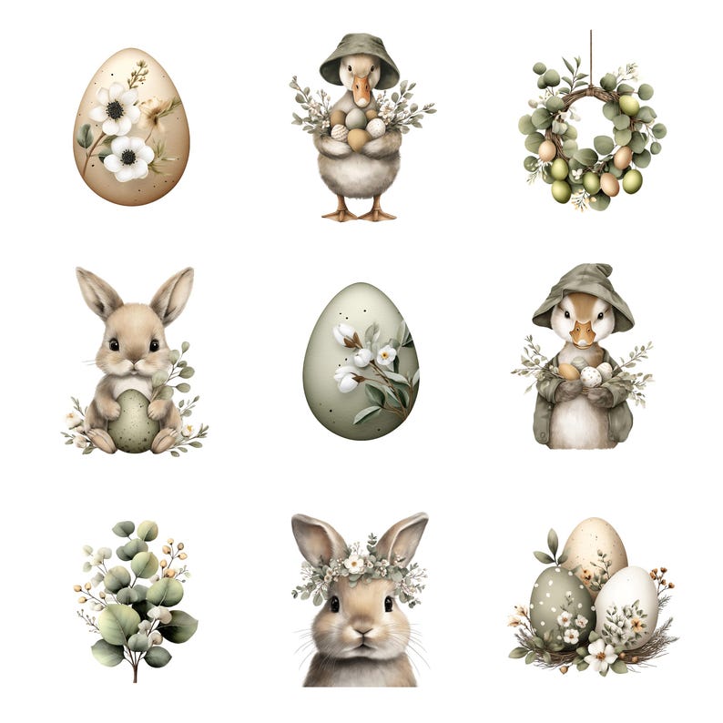 May include: Watercolor illustrations of Easter-themed elements. The image features decorated Easter eggs, a duckling wearing a hat, a bunny, and a wreath. The color palette includes soft greens, beige, and white, creating a whimsical and festive atmosphere.