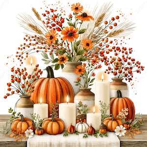 May include: A festive autumn arrangement featuring orange pumpkins, white pillar candles with lit flames, and ceramic vases filled with orange flowers, wheat stalks, and red berries. The display is set on a wooden surface with a white table runner.