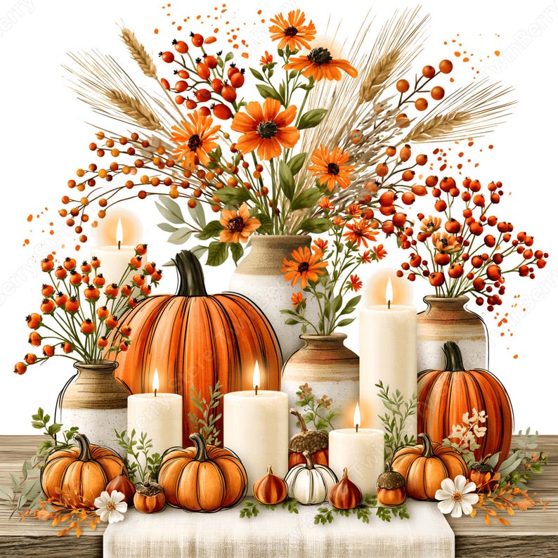May include: A festive autumn arrangement featuring orange pumpkins, white pillar candles with lit flames, and ceramic vases filled with orange flowers, wheat stalks, and red berries. The display is set on a wooden surface with a white table runner.