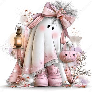 May include: A white ghost character wearing a large pink bow on its head and pink shoes. The ghost holds a lit lantern in one hand and a pink pumpkin-shaped bucket in the other. The design features soft pink floral accents and lace trim details.