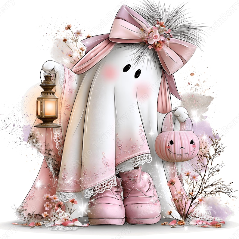 May include: A white ghost character wearing a large pink bow on its head and pink shoes. The ghost holds a lit lantern in one hand and a pink pumpkin-shaped bucket in the other. The design features soft pink floral accents and lace trim details.