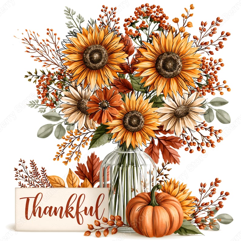 May include: A glass vase filled with yellow sunflowers, orange daisies, and autumn foliage including berries and leaves. A small orange pumpkin sits at the base next to a rectangular sign with the word Thankful written in brown script.