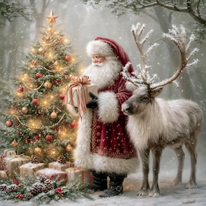 Clipart vintage do Papai Noel em JPG, 55 cenas natalinas em aquarela com o Papai Noel, trenó com renas e vila, ideal para scrapbooking e cartões.