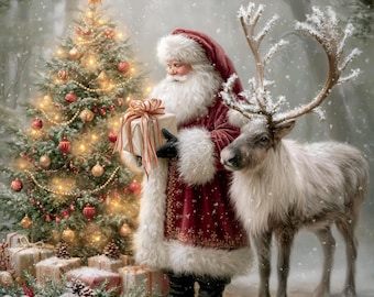 Vintage Santa Clipart JPG, 55 akwarelowych scen z motywem Świętego Mikołaja, papier do wioski z reniferowymi saniami Świętego Mikołaja na dziennik i kartki