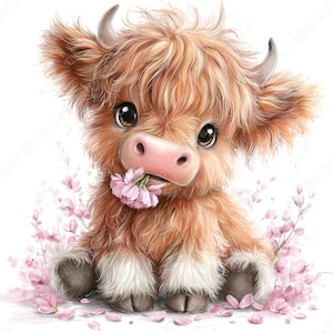 May include: A watercolor illustration of a fluffy, light brown Highland cow calf with large brown eyes, a pink nose, and small horns. The calf is sitting and holding a pink flower in its mouth, surrounded by pink blossoms.