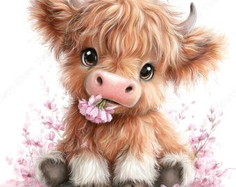 Highland Cow JPG, 24 Watercolor Floral Baby Cow Clipart with Pink Flowers and Bows
