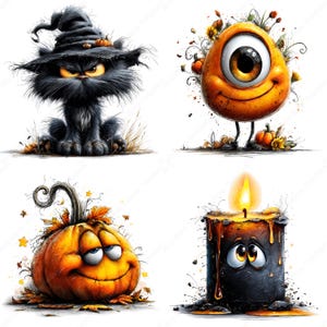 May include: A collection of Halloween-themed illustrations. Includes a black cat wearing a witch hat, a one-eyed orange monster, a smiling pumpkin, and a candle with a flame. All characters have cartoonish features and are set against a white background.