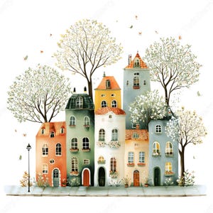 May include: Watercolor illustration of a row of colorful townhouses with trees. The buildings are in shades of orange, green, yellow, white, and blue, with red and orange roofs. The image has a whimsical, storybook feel.