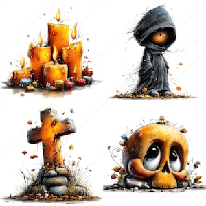 May include: A collage of four Halloween-themed illustrations. The images include lit orange candles, a figure in a black hooded cloak, a stone cross, and a cartoon skull with large eyes, all with autumn foliage.