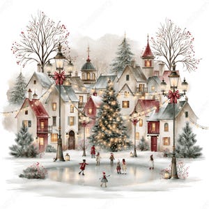 Peut inclure: Une illustration à l'aquarelle d'un village enneigé avec une patinoire centrale où des personnages patinent. La scène comprend des maisons à plusieurs étages aux toits rouges, un grand sapin de Noël illuminé et des réverbères ornés de nœuds rouges.