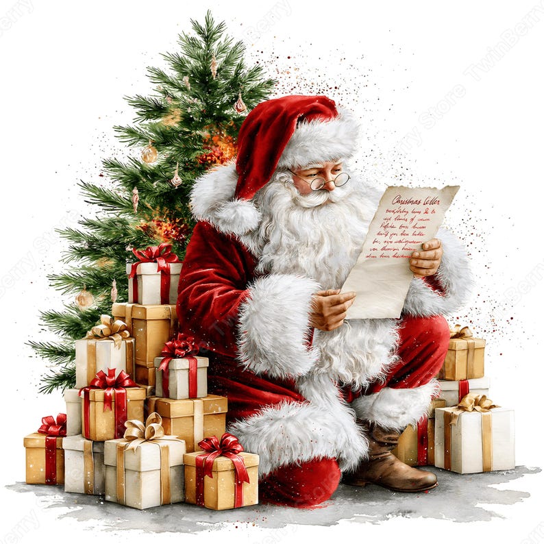 May include: A Santa Claus figure with a long white beard and round glasses wearing a red velvet suit with white fur trim, reading a letter titled Christmas Letter, sitting beside a green Christmas tree and a pile of wrapped gift boxes.
