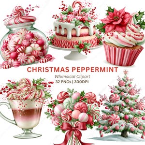 May include: A collection of Christmas-themed peppermint illustrations including a candy jar, a cake on a stand, a cupcake with a poinsettia, a beverage in a glass mug, a candy bouquet, and a decorated tree with the text CHRISTMAS PEPPERMINT.