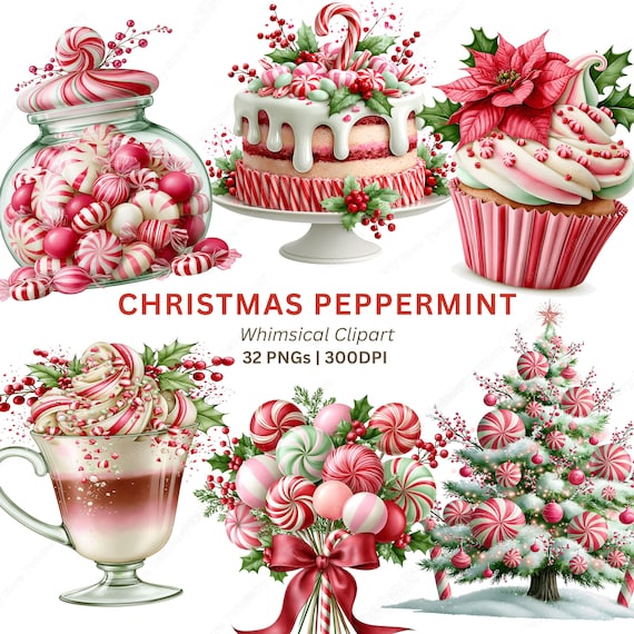 Christmas Peppermint Clipart PNG, 32 Candy Cane Watercolor Graphics, Christmas Candy Cakes Cocoa for Cards & Sublimation